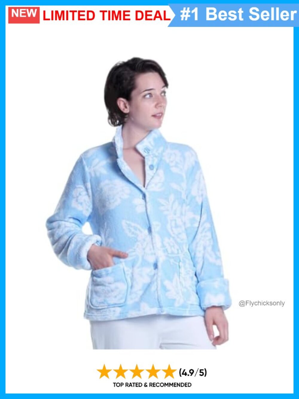 Women's Floral Microfleece Bed Jacket Long Sleeve Button Front Mandarin Collar